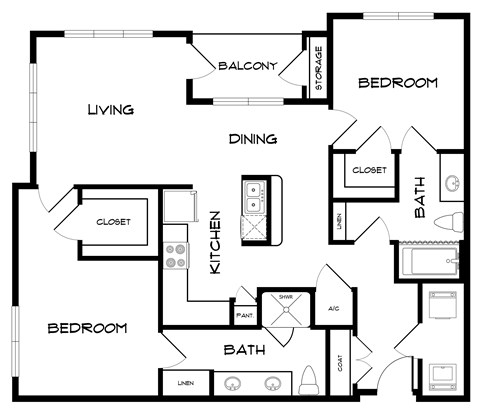 Floor plan for 2 beds, 2 baths, 1202 sqft